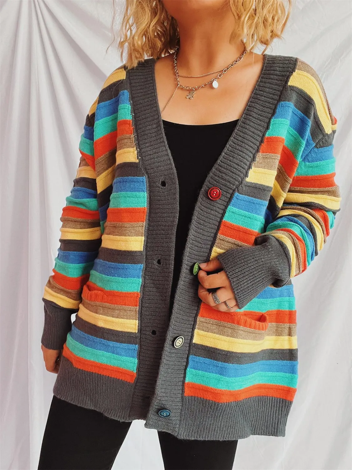 🌟 Contrast Stripes Button-Up Long Sleeve Cardigan 🌟
