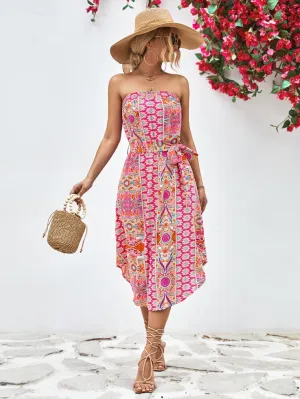 🌸 Printed Strapless Tie Belt Dress 🌸