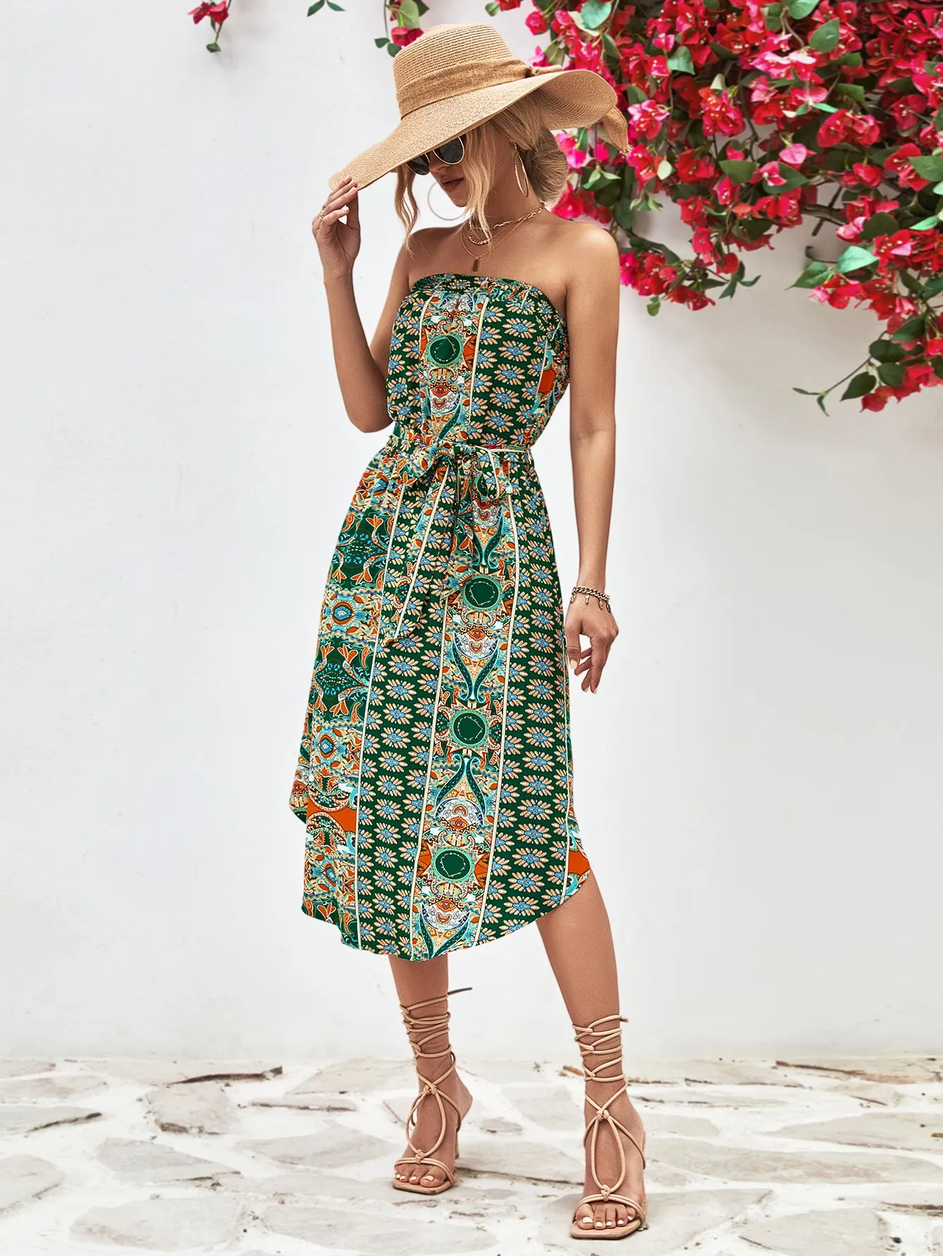 🌸 Printed Strapless Tie Belt Dress 🌸