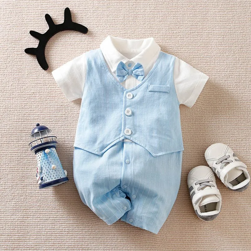 100% Cotton Bow Tie Short Sleeve Baby Jumpsuit (9 Designs)