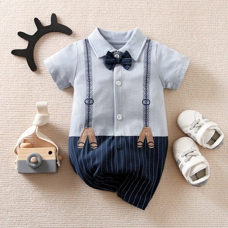 100% Cotton Bow Tie Short Sleeve Baby Jumpsuit (9 Designs)