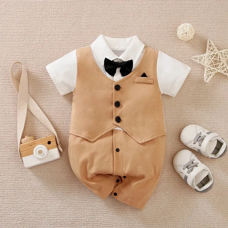 100% Cotton Bow Tie Short Sleeve Baby Jumpsuit (9 Designs)