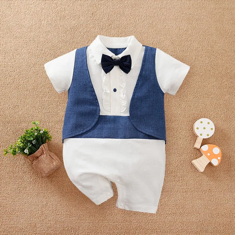 100% Cotton Bow Tie Short Sleeve Baby Jumpsuit (9 Designs)