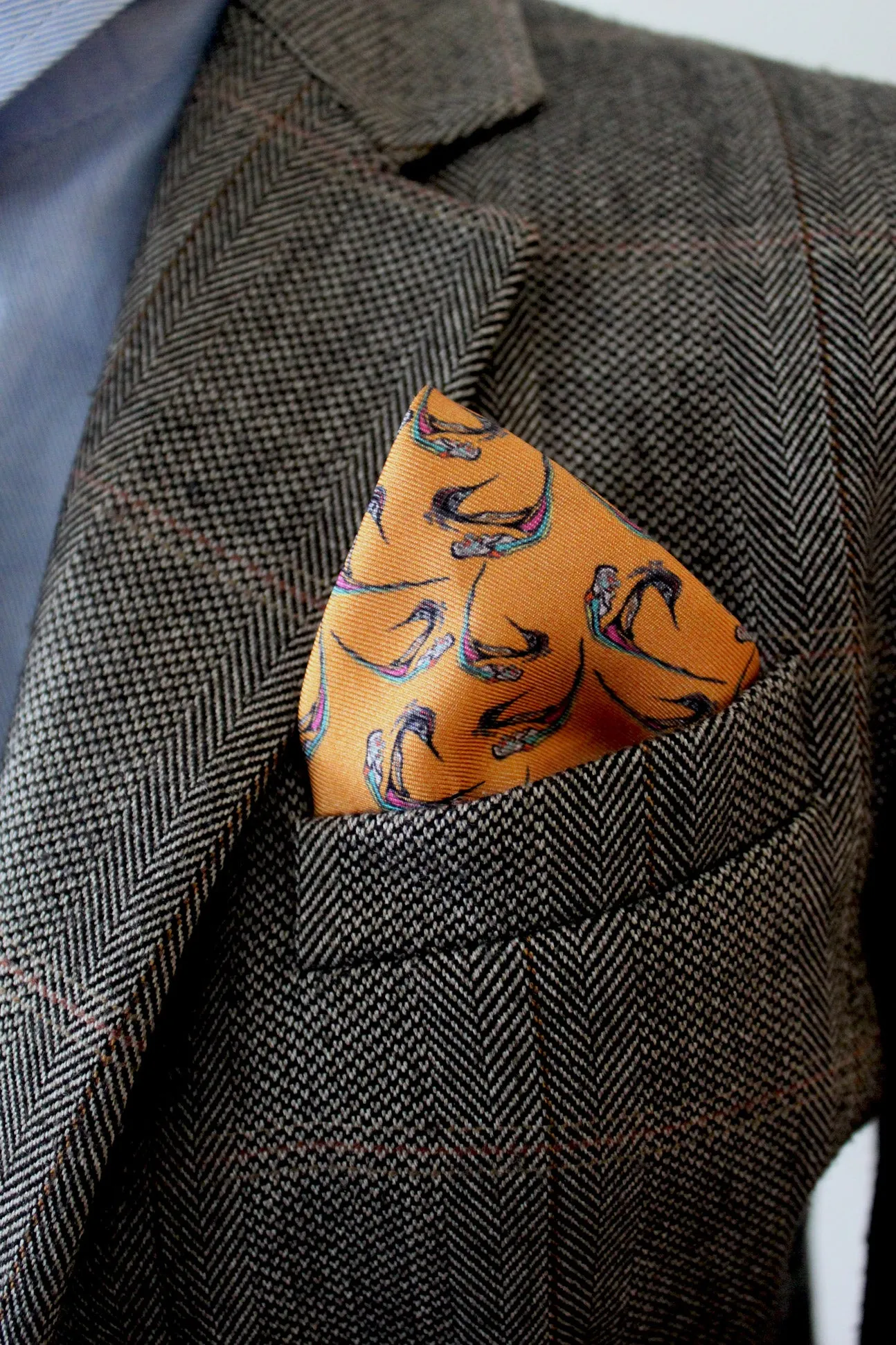 100% Silk Pocket Square in Gold Birds Pattern