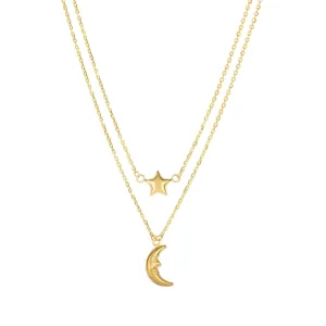 10K Yellow Gold Moon And Star Layered Pendant Necklace, 17"