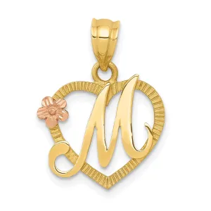 14k Two Tone Gold Heart Flower Design Script Letter M Initial Charm Pendant