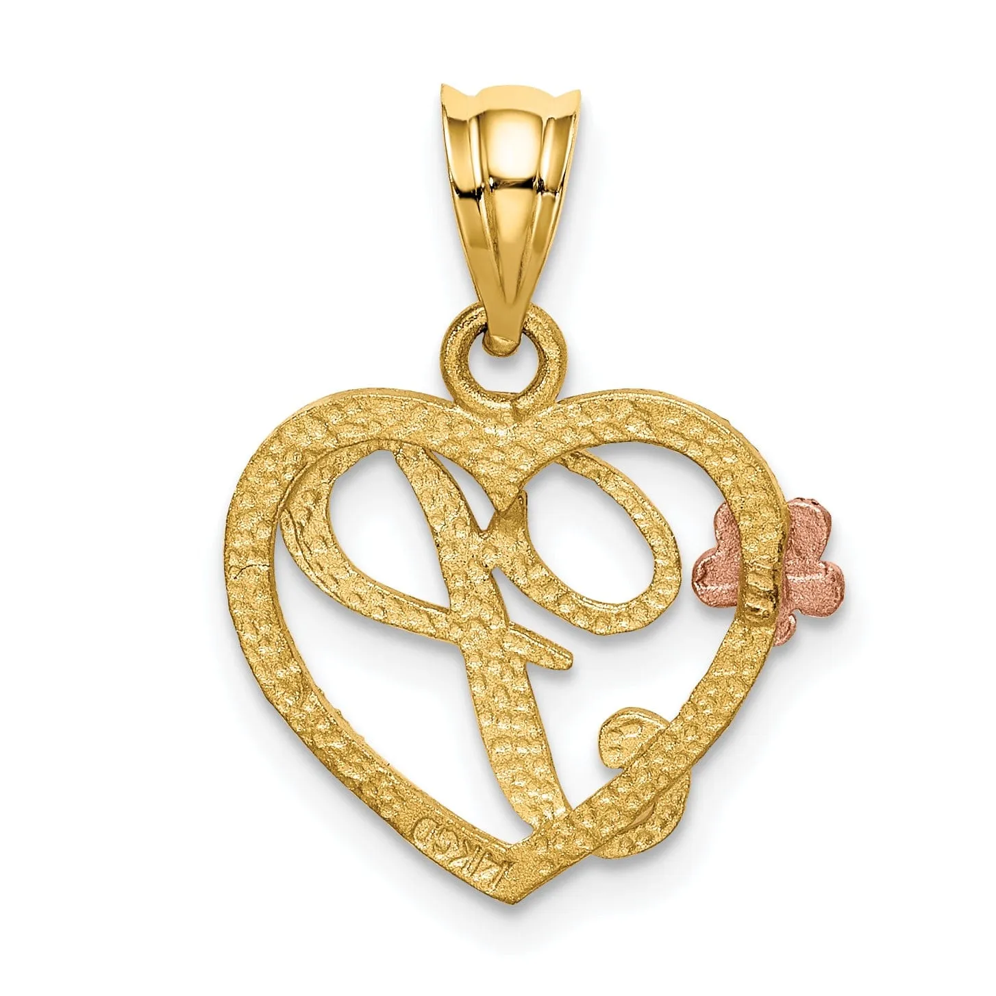 14k Two Tone Gold Heart Flower Design Script Letter P Initial Charm Pendant