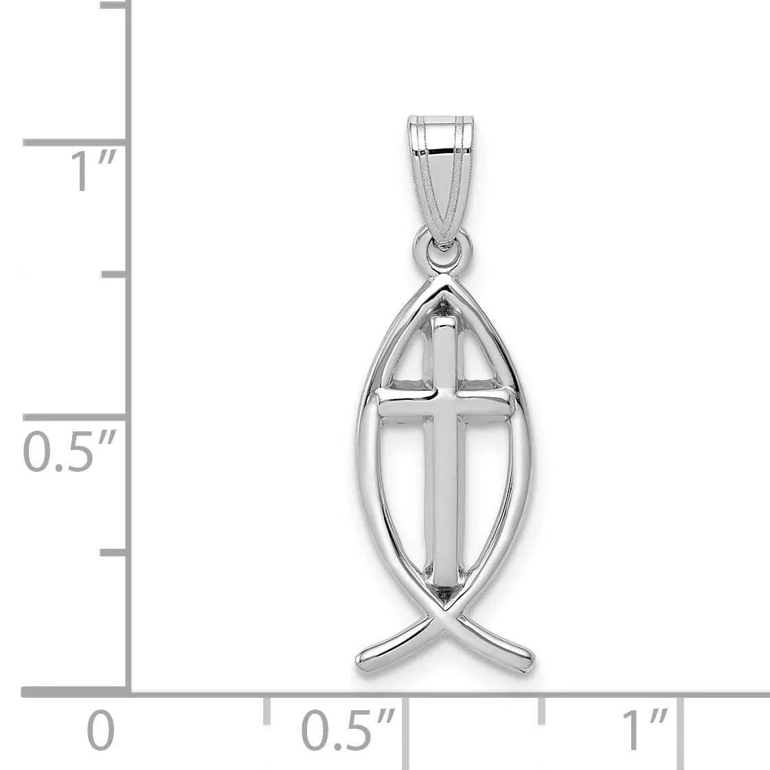 14k White Gold Polished Finish Ichthus Fish with Cross Design Pendant