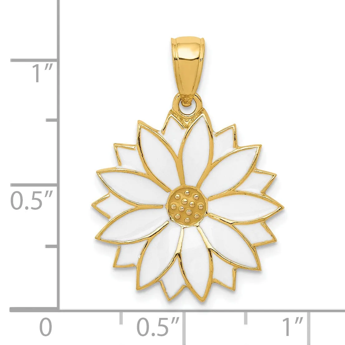 14k Yellow Gold Casted Textured Back Solid Polished Finish Enameled White Daisy Flower Charm Pendant
