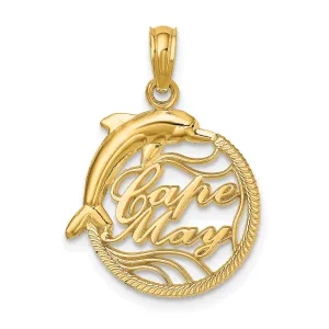 14K Yellow Gold Polished Finish CAPE MAY with Dolphin Design in Circle Charm Pendant