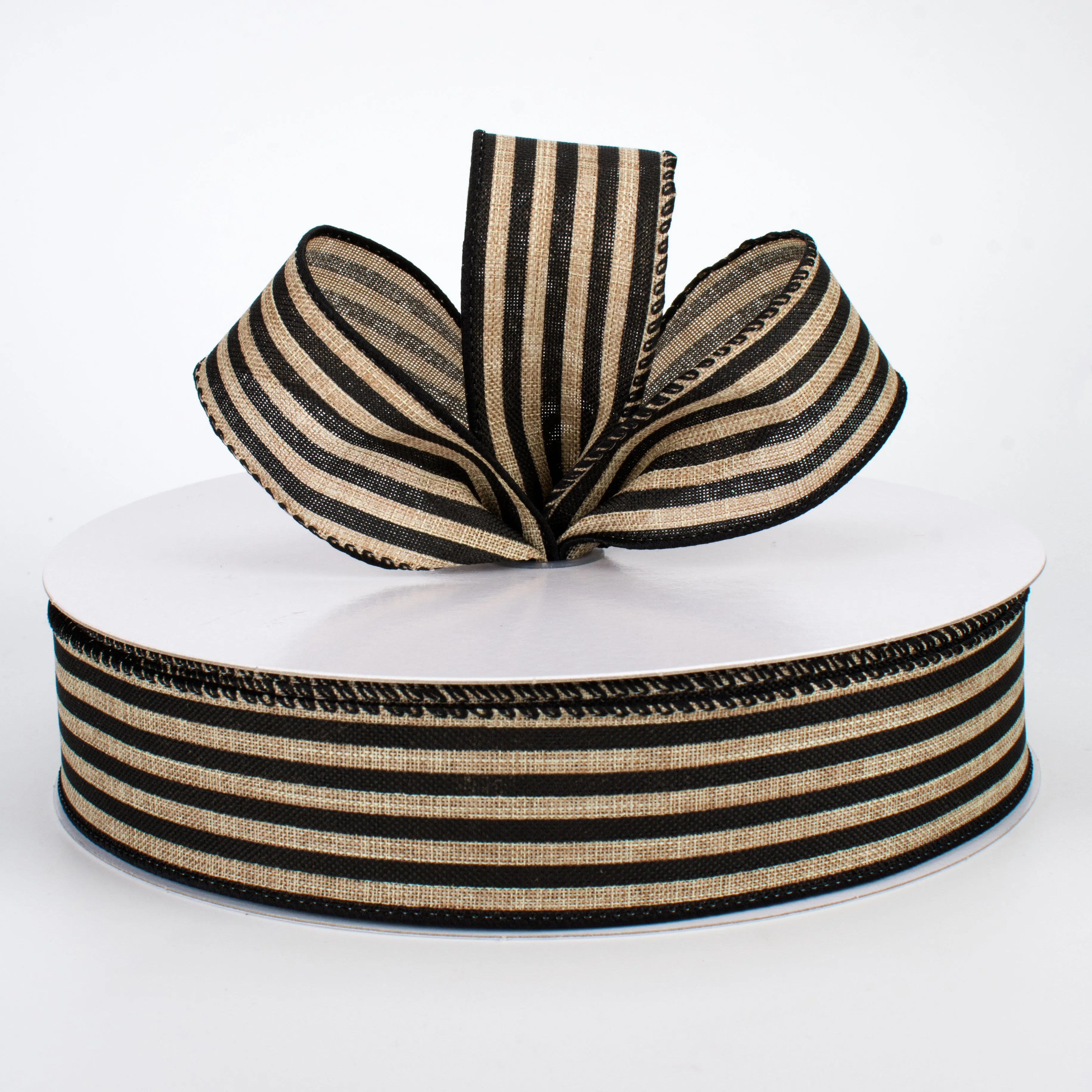 1.5" Cabana Stripes Ribbon: Black & Beige (50 Yards)