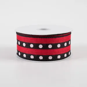 1.5" Dot Stripe Linen Ribbon: Black, Red, White (10 Yards)