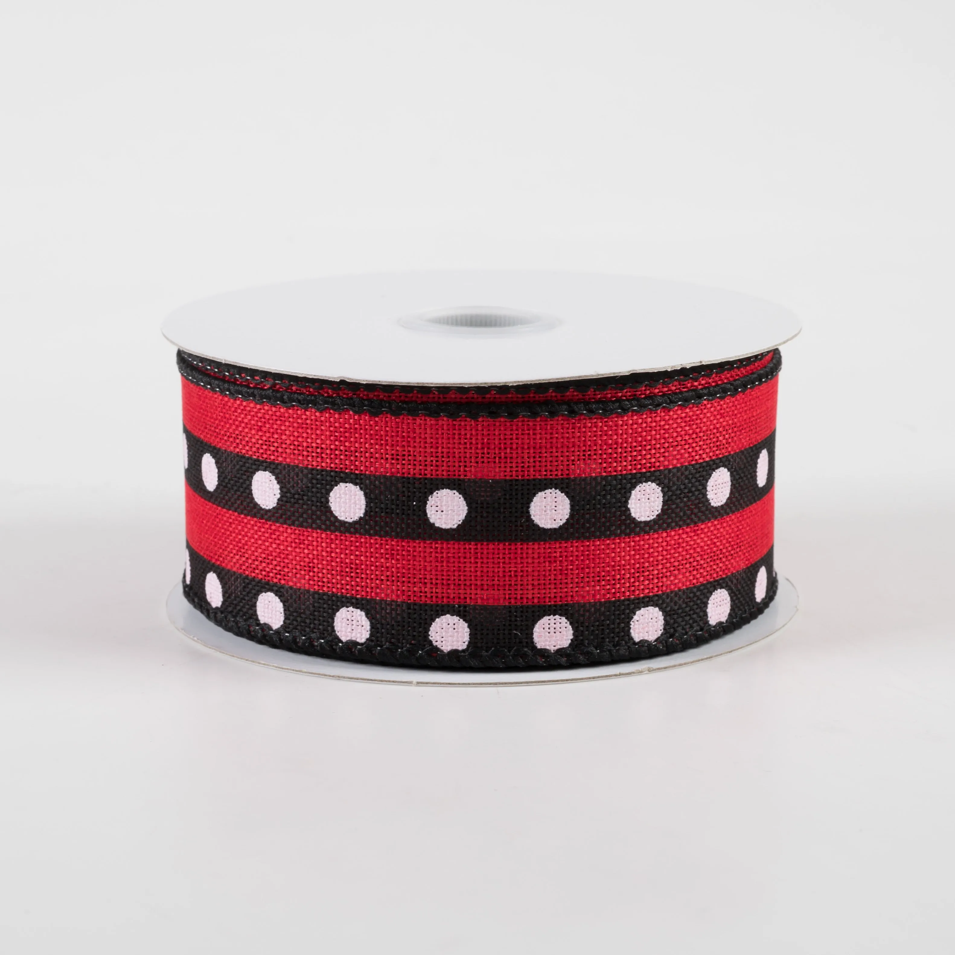 1.5" Dot Stripe Linen Ribbon: Black, Red, White (10 Yards)