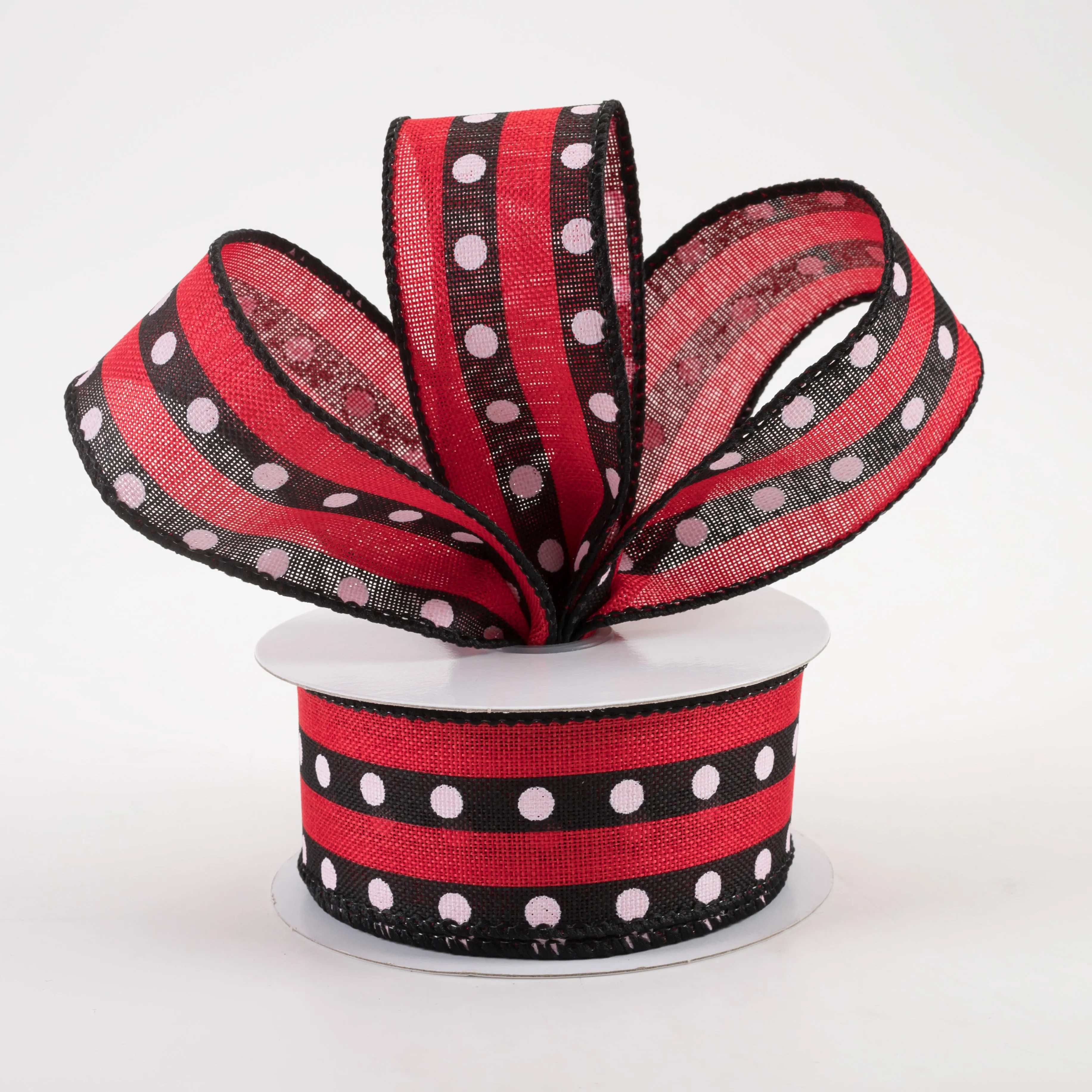 1.5" Dot Stripe Linen Ribbon: Black, Red, White (10 Yards)