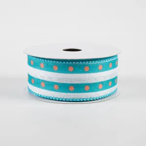 1.5" Dot Stripe Linen Ribbon: White, Teal, Coral (10 Yards)