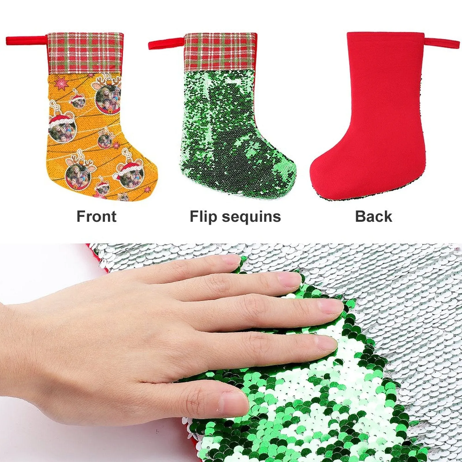 16.5in(L) Super Size-Custom Photo Line Orange Background Christmas Socks Flip Sequins Christmas Stocking