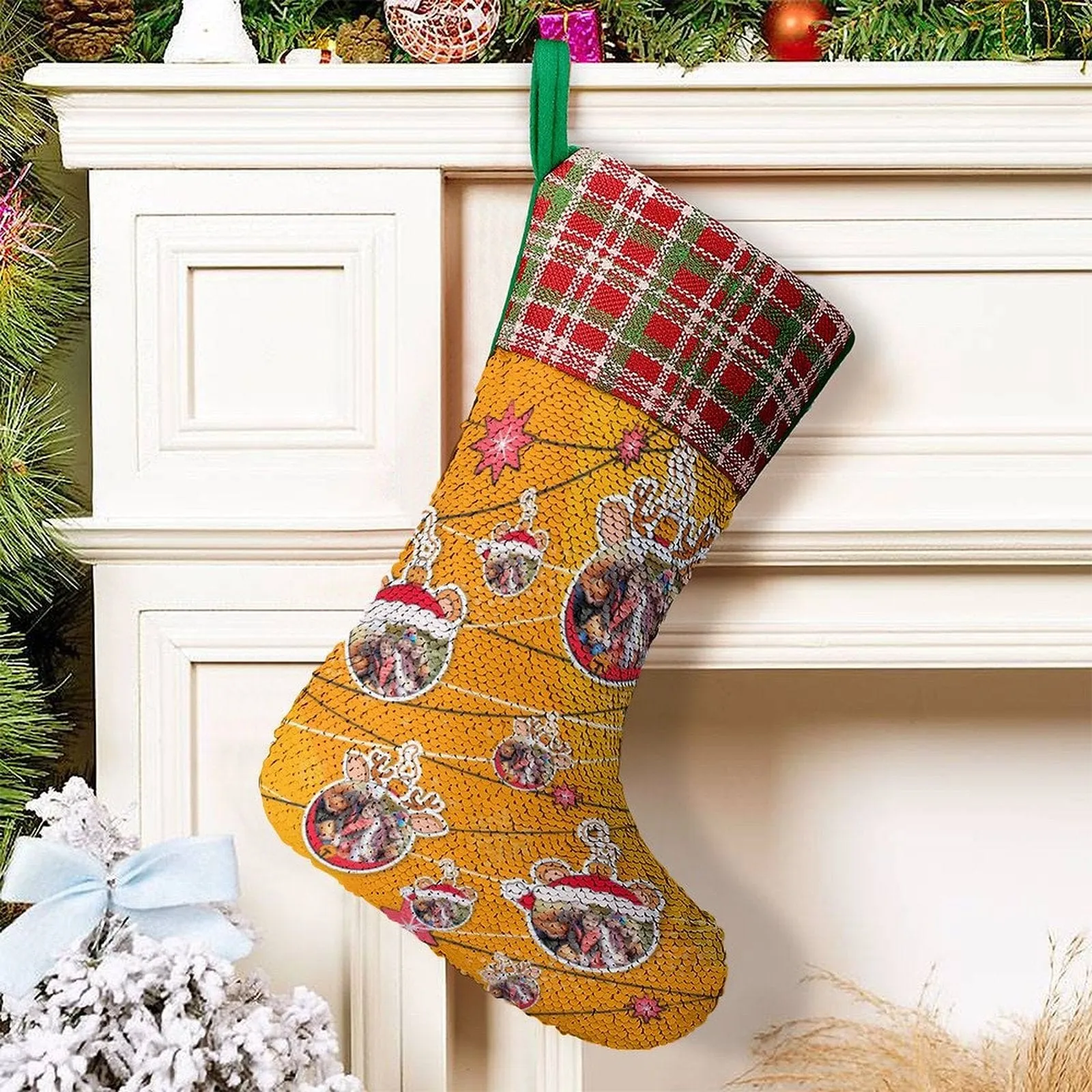 16.5in(L) Super Size-Custom Photo Line Orange Background Christmas Socks Flip Sequins Christmas Stocking