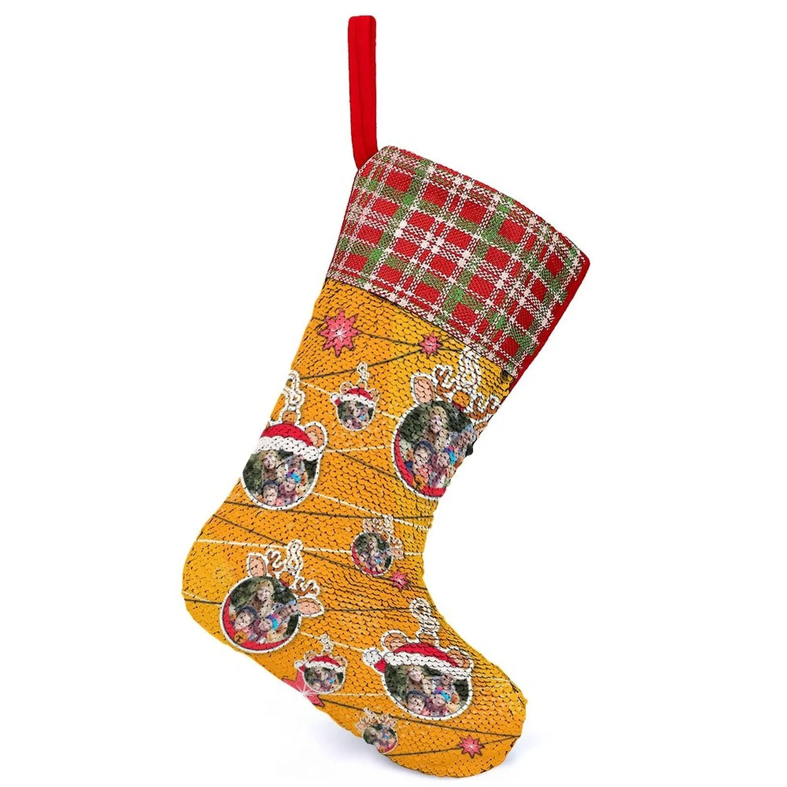 16.5in(L) Super Size-Custom Photo Line Orange Background Christmas Socks Flip Sequins Christmas Stocking