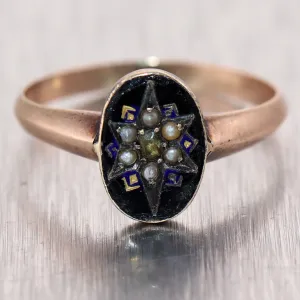 1850's Antique Victorian 14k Yellow Gold 0.05ct Diamond & Seed Pearl Ring