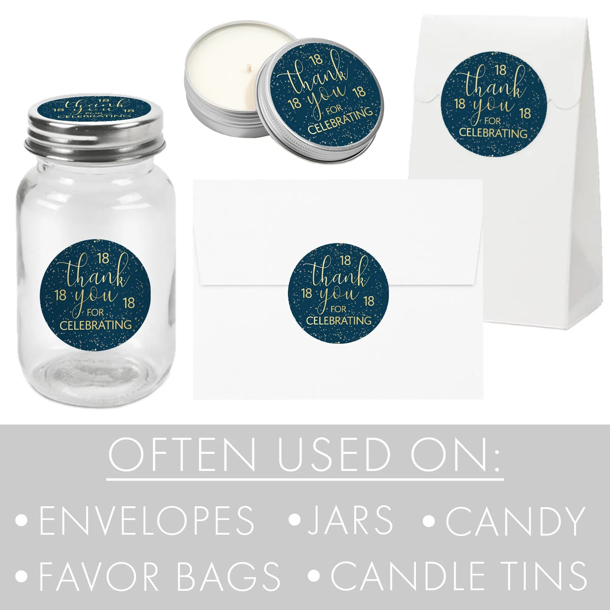 18th Birthday: Navy Blue & Gold - Adult Birthday - Thank You Stickers - 40 Stickers
