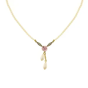 1928 Bridal Porcelain Rose And 3mm Faux Pearl Strand Drop Pendant Necklace 16"   3" Extender