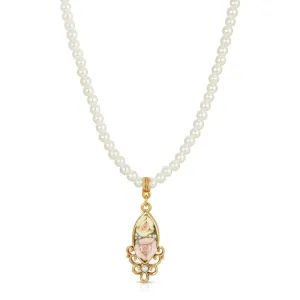 1928 Jewelry Pink and Yellow Porcelain Rose 4mm Faux Pearl Strand Drop Necklace 15"   3" Extender