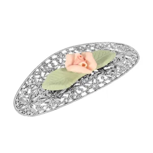 1928 Jewelry Pink Porcelain Flower With Green Leaf Hair Barrette