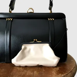 1950s La Marquise Structured Black Faux Leather Handbag w/Coin Purse
