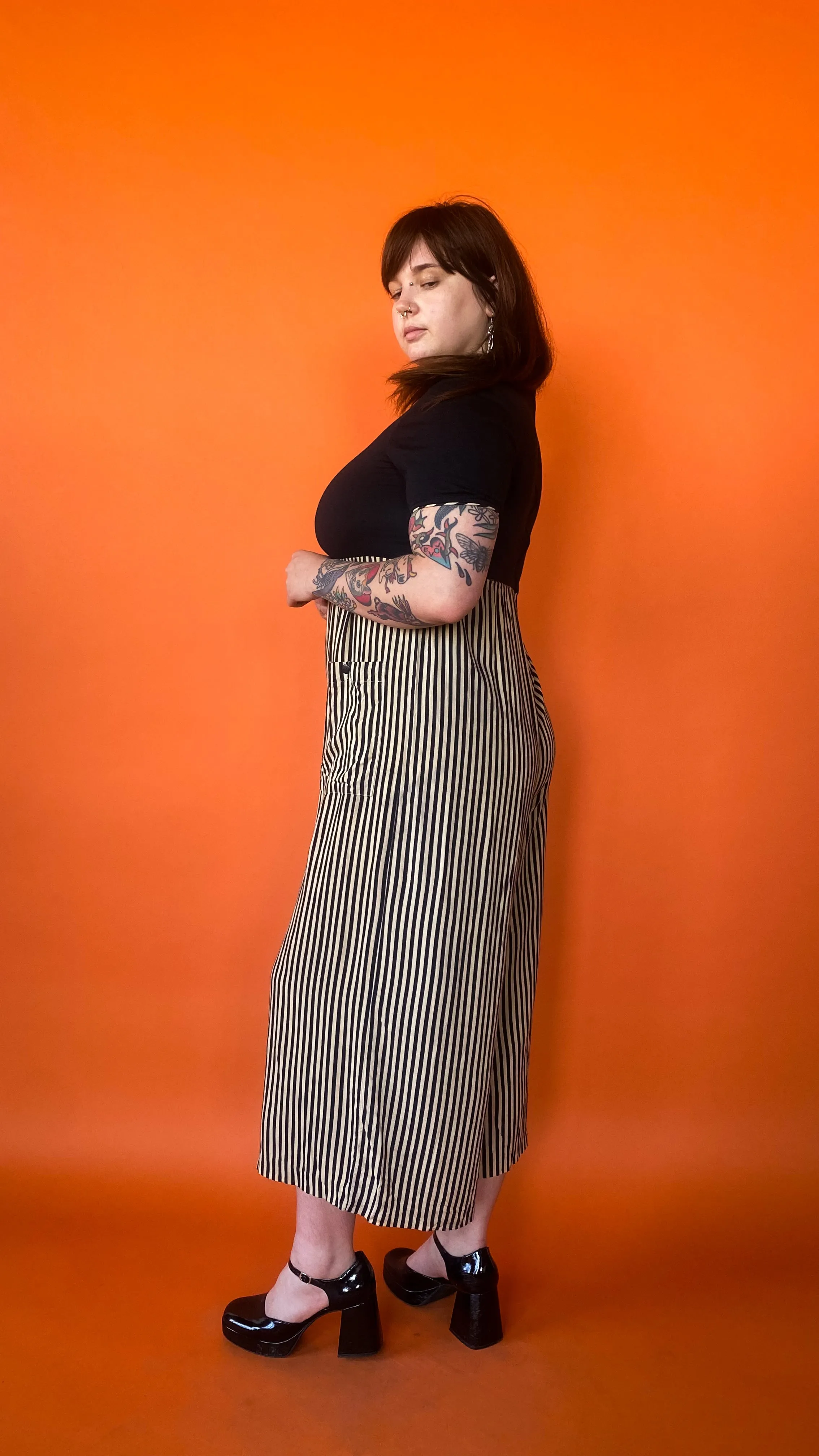 1990s Black & Cream Striped Jumpsuit, sz. 1XL/2XL