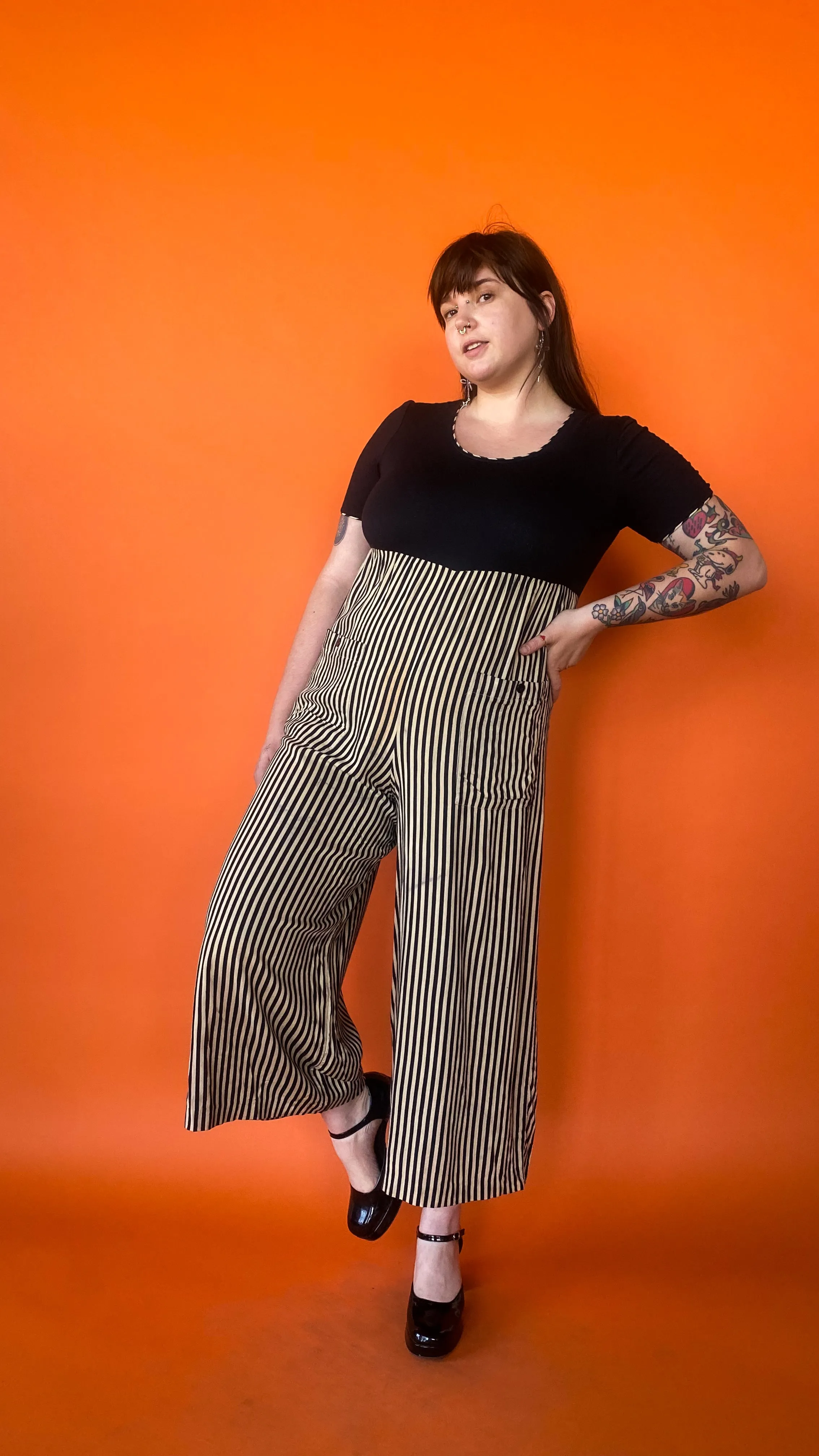 1990s Black & Cream Striped Jumpsuit, sz. 1XL/2XL