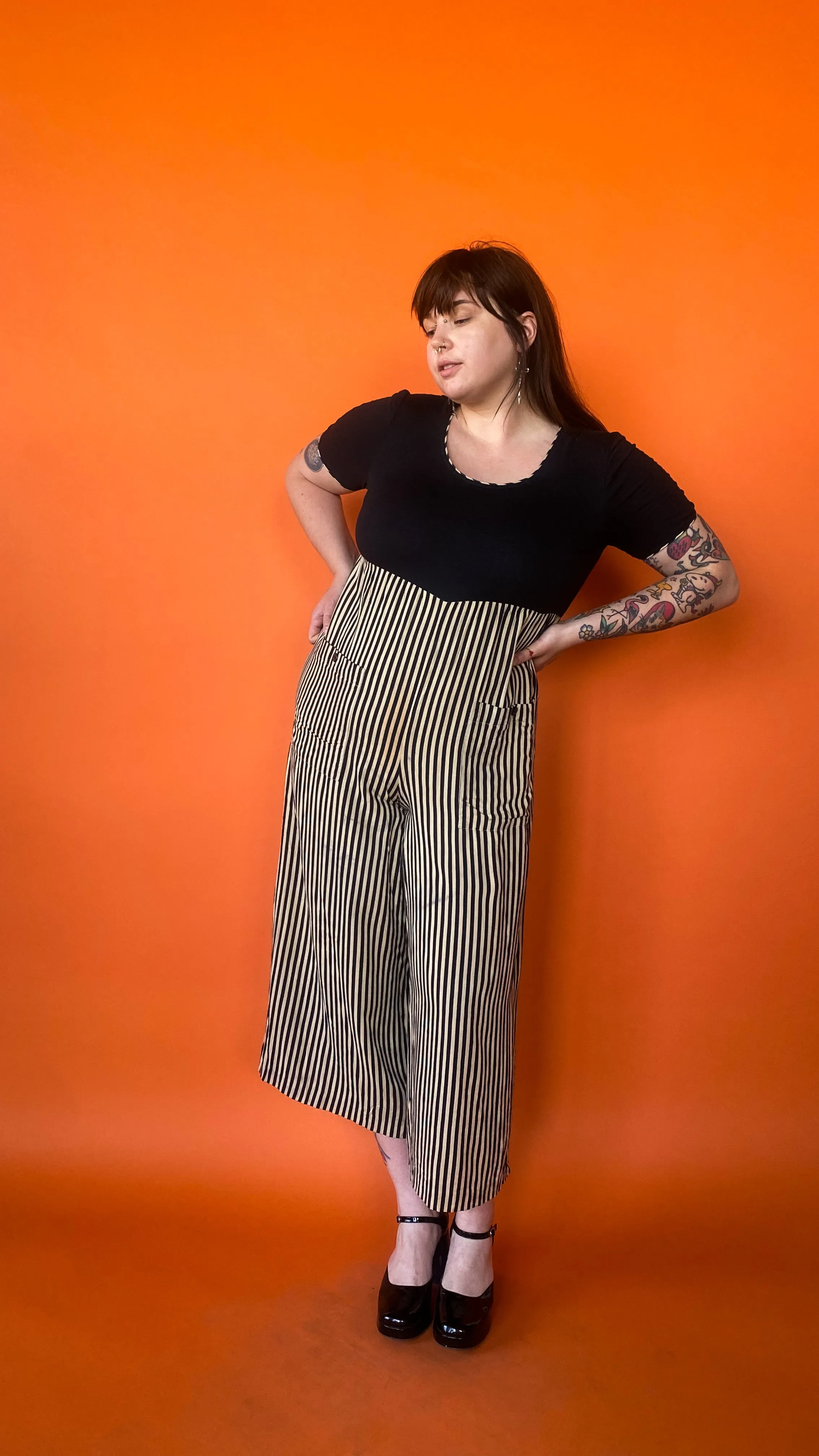 1990s Black & Cream Striped Jumpsuit, sz. 1XL/2XL