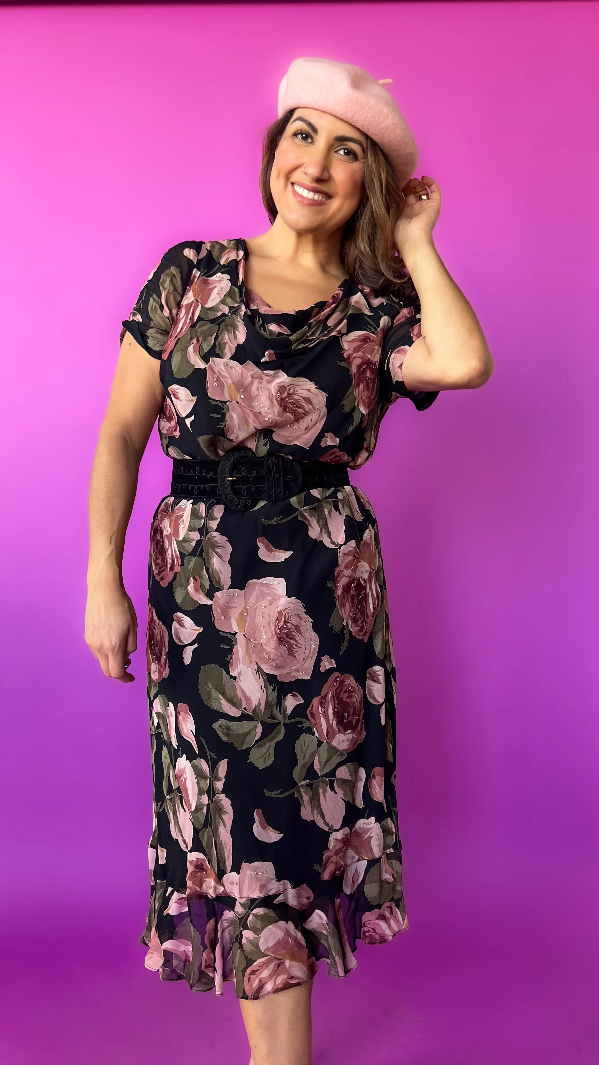 1990s Black Floral Bias Cut Beaded Dress, sz. XL
