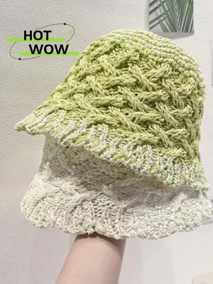 1pc Women's Multicolor Hollow Out Straw Fisherman Hat, Fashionable And Simple Summer Sun-Shading Bucket Hat With Wide Brim In Fresh Green Color. The White One Is Suitable For Traveling And Vacation, Versatile For Fashion And Photoshoots.