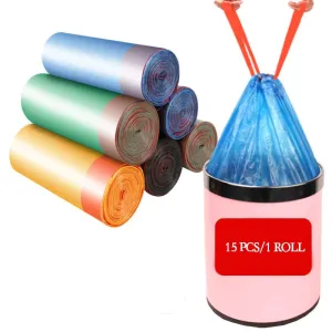 1Roll   Trash Bags Garbage Bag Storage Kitchen Garbage Box 15pcs/roll Household Disposable PE Drawstring Handles