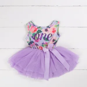 1st Birthday Lavender Floral Sleeveless Tutu Dress *Dev*