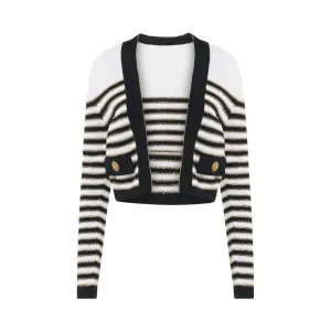 2 Pockets Side to Side Striped Knit Jacket in White/Black/Gold