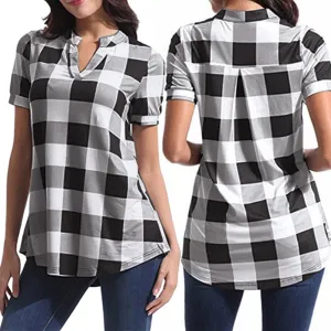 2021 Women's Shirt Plaid Short Sleeve V-Neck Sizes S - 5XL