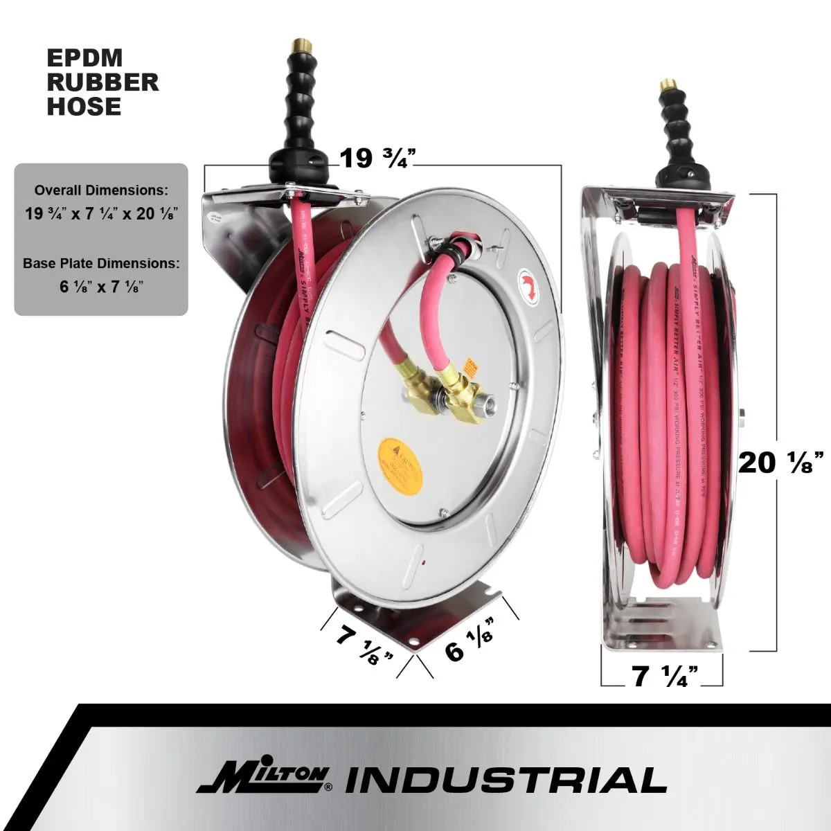 2755-2538SS - Milton® Industrial Stainless Steel Hose Reel Retractable, 3/8" ID x 25' EPDM Hose w/ 3/8" NPT, 300 PSI
