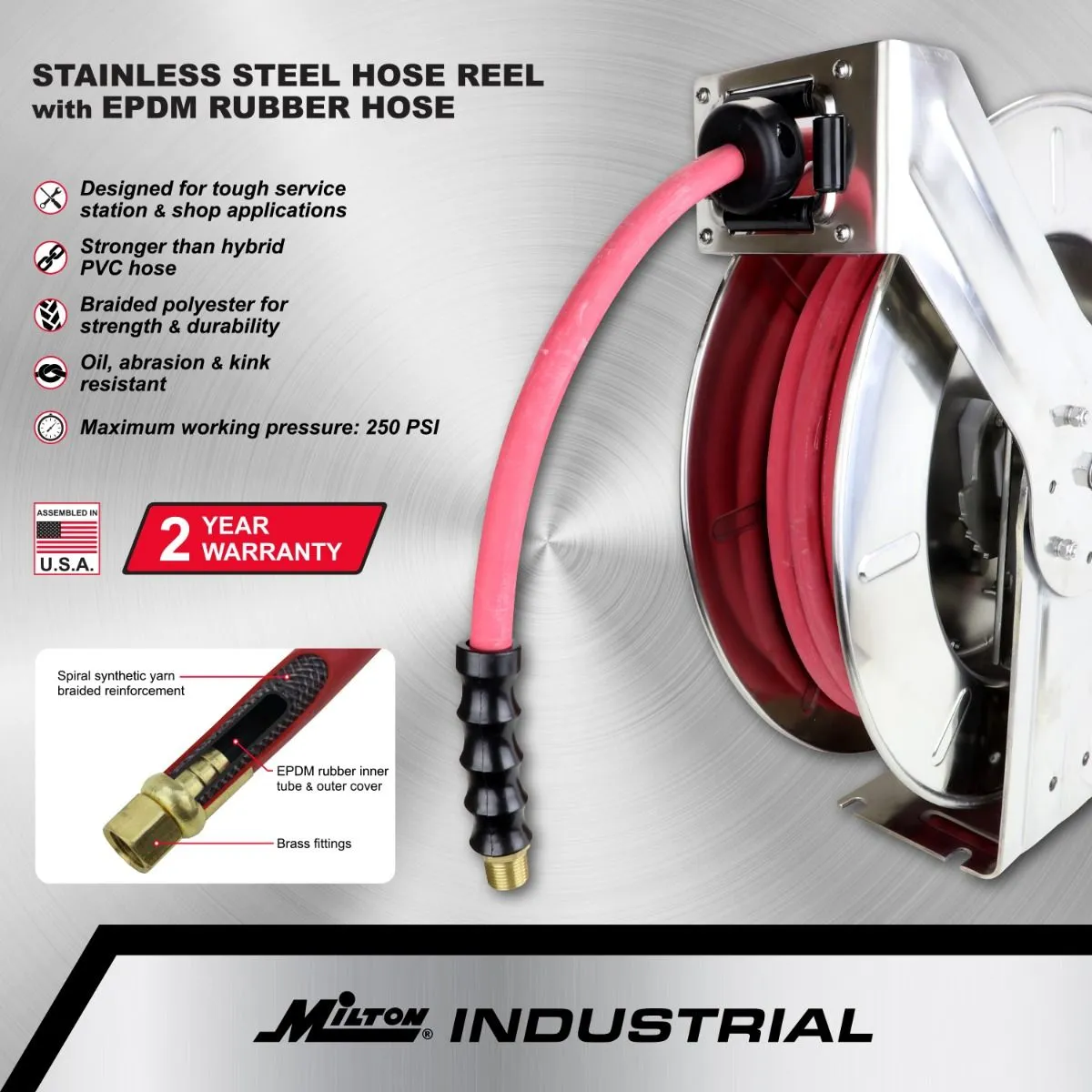 2755-2538SS - Milton® Industrial Stainless Steel Hose Reel Retractable, 3/8" ID x 25' EPDM Hose w/ 3/8" NPT, 300 PSI