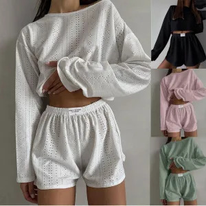 2pcs Women's Suit Long Sleeve Pullover Top And Shorts Fashion Simple Slim Fit Loose Hollow-out Design Suits