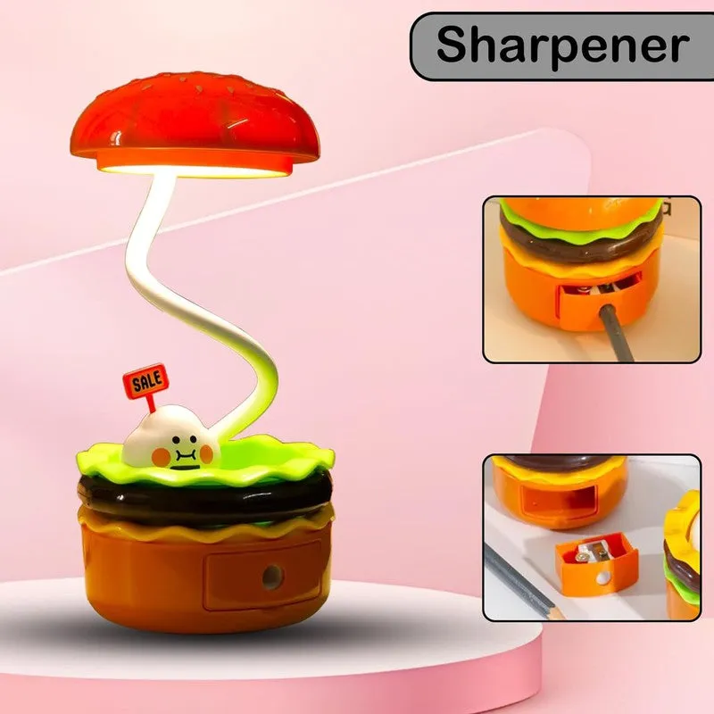 3 in 1 Burger Design Study Lamp, USB Rechargeable LED Desk Lamp with Built-in-Battery, 360° Flexible Hose with Pencil Sharpener and Storage, Table Night Lamp for Kids
