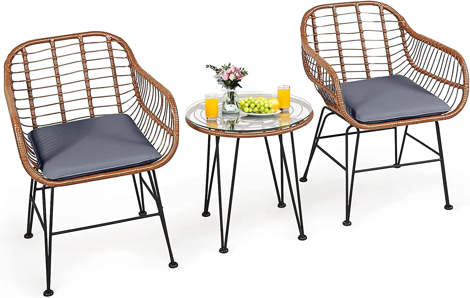 3 Pieces Patio Conversation Bistro Set, Outdoor Wicker Furniture w/Round Tempered Glass Top Table & 2 Rattan Armchairs