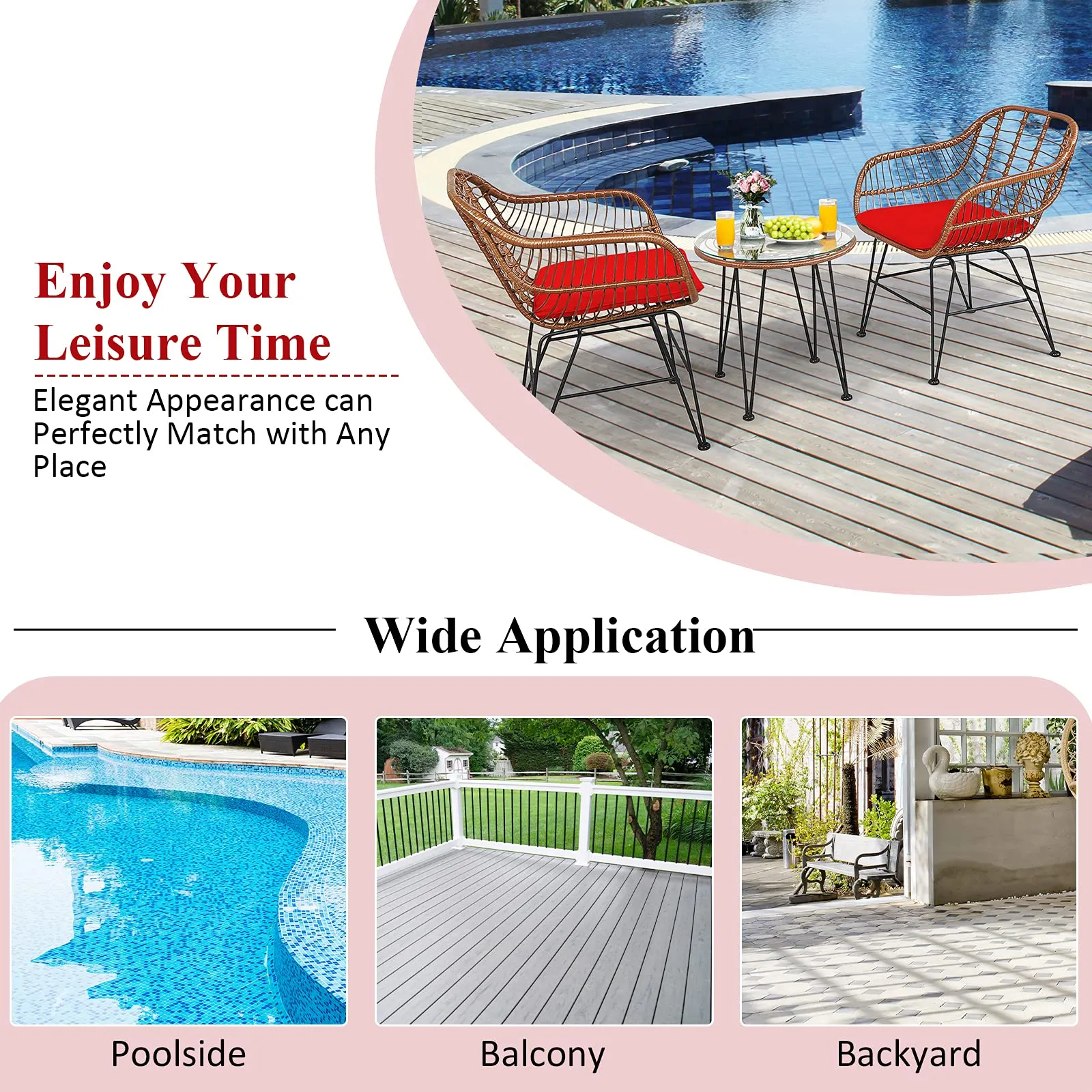 3 Pieces Patio Conversation Bistro Set, Outdoor Wicker Furniture w/Round Tempered Glass Top Table & 2 Rattan Armchairs