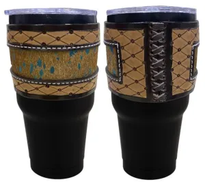 30 oz Insulated Black Tumbler with Argentina Cow Leather Cowhide with teal spots Inlay Sleeve.