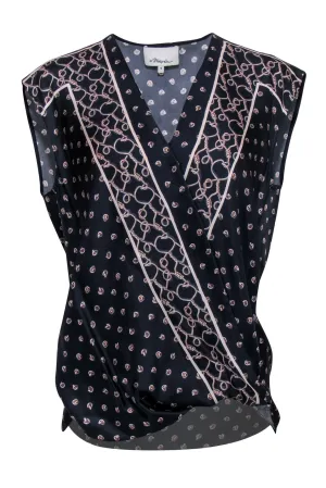 3.1 Phillip Lim - Navy Silk Crossover Tank w/ Chainlink Print Sz 4