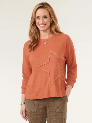 3/4 Sleeve Boat Neck Embroidered Star Knit Top