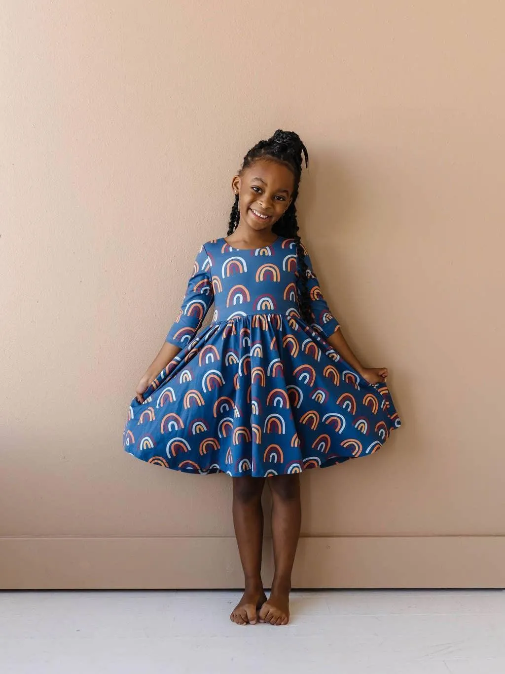 3/4 Sleeve Twirl Dress | Navy Rainbow | Ollie Jay