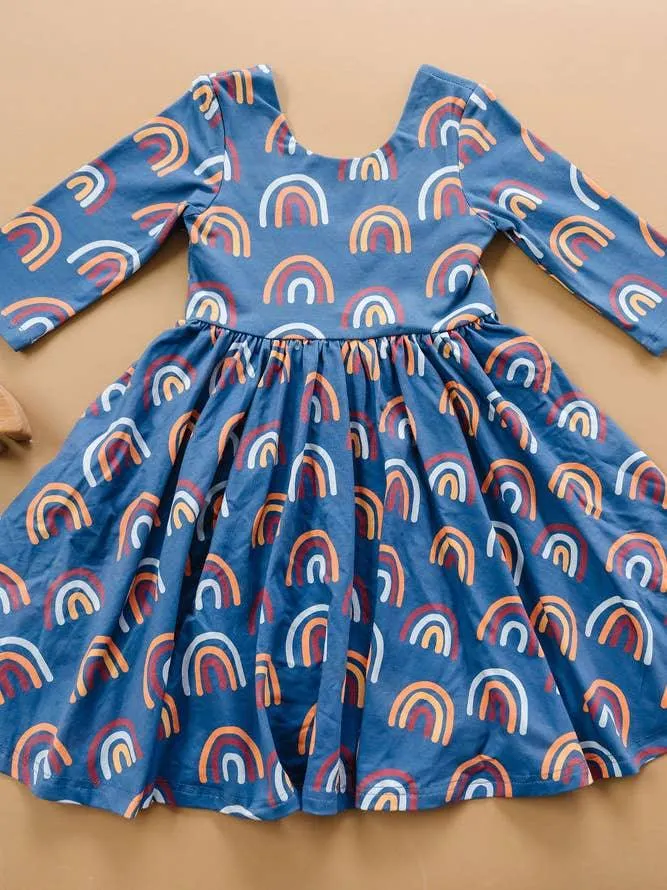 3/4 Sleeve Twirl Dress | Navy Rainbow | Ollie Jay