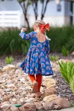 3/4 Sleeve Twirl Dress | Navy Rainbow | Ollie Jay