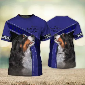 3D Dog T Shirts, Bernese Mountain Dark Blue Love Never Walk Alone All Over Print T-Shirt, Gift For Pet Loves